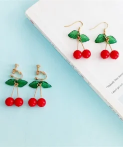 Kawaii Japanese Red Cherry Drop Earrings  1